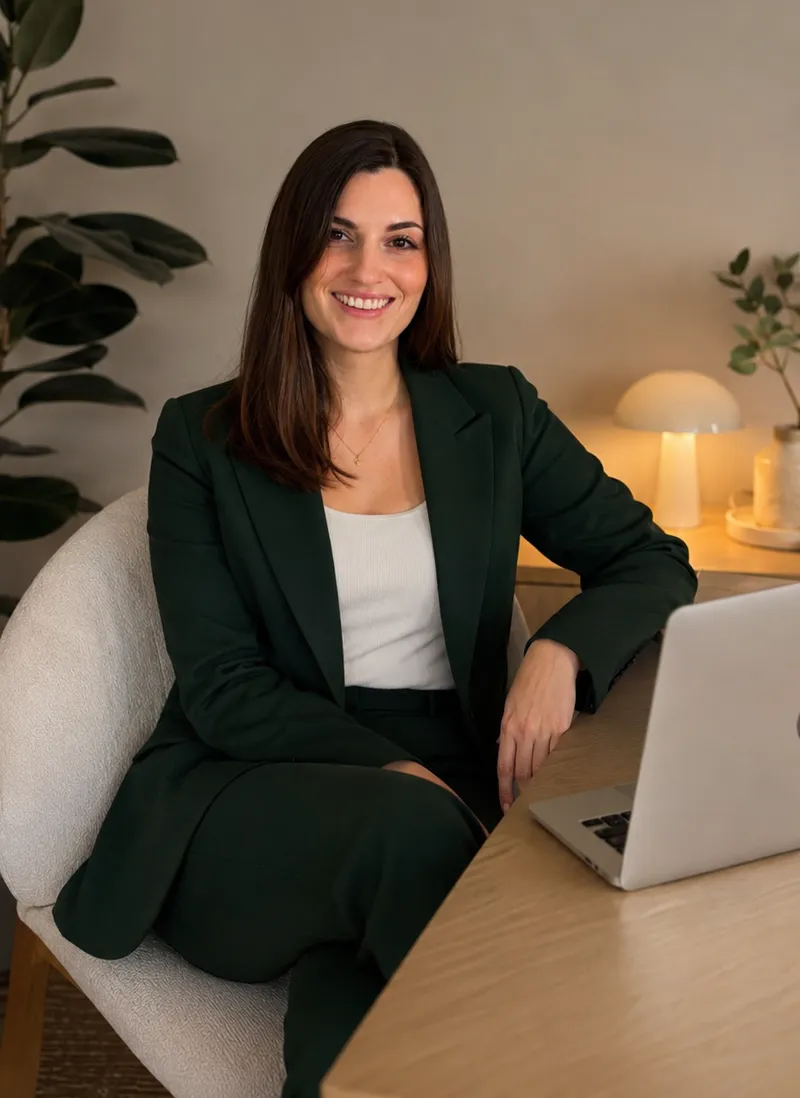 Anna-Maria Graß, Webdesignerin aus Celle, lächelnd an ihrem Schreibtisch mit Laptop